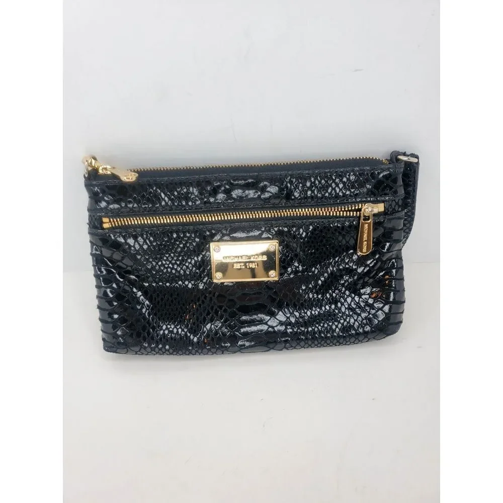 Michael Kors Small Purse Snake Style Bag Black‎ Patent Leather Zip Handbag
